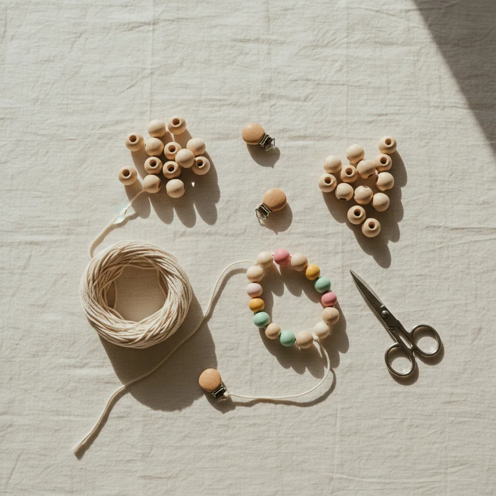 Natural, pink, mint and honey-yellow wooden beads with cord, clips and scissors on linen