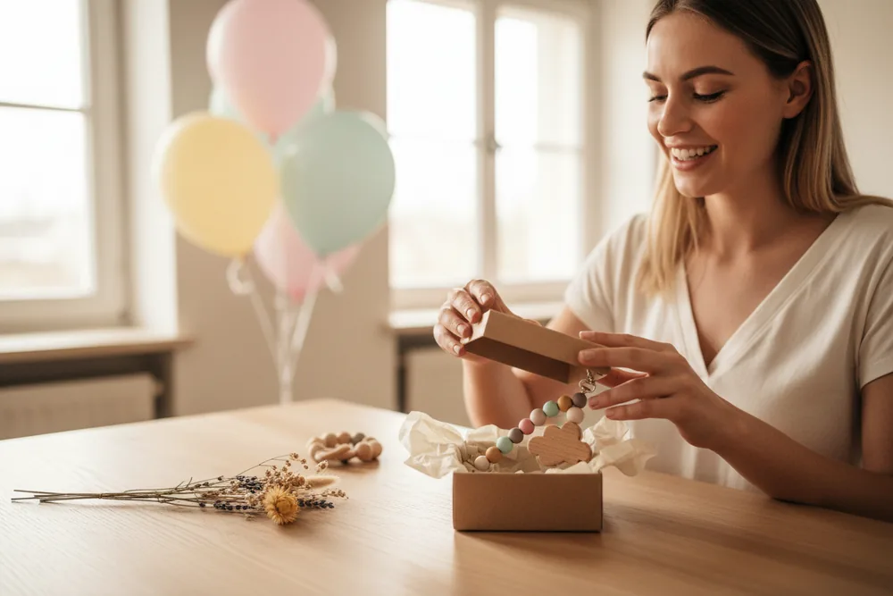 Smiling woman opening a gift box with a wooden pacifier chain, pastel balloons behind