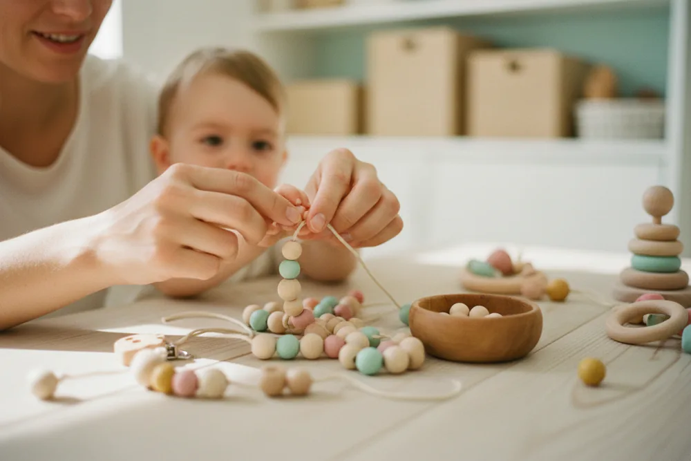 Mother and toddler threading wooden and pastel beads onto a cord together