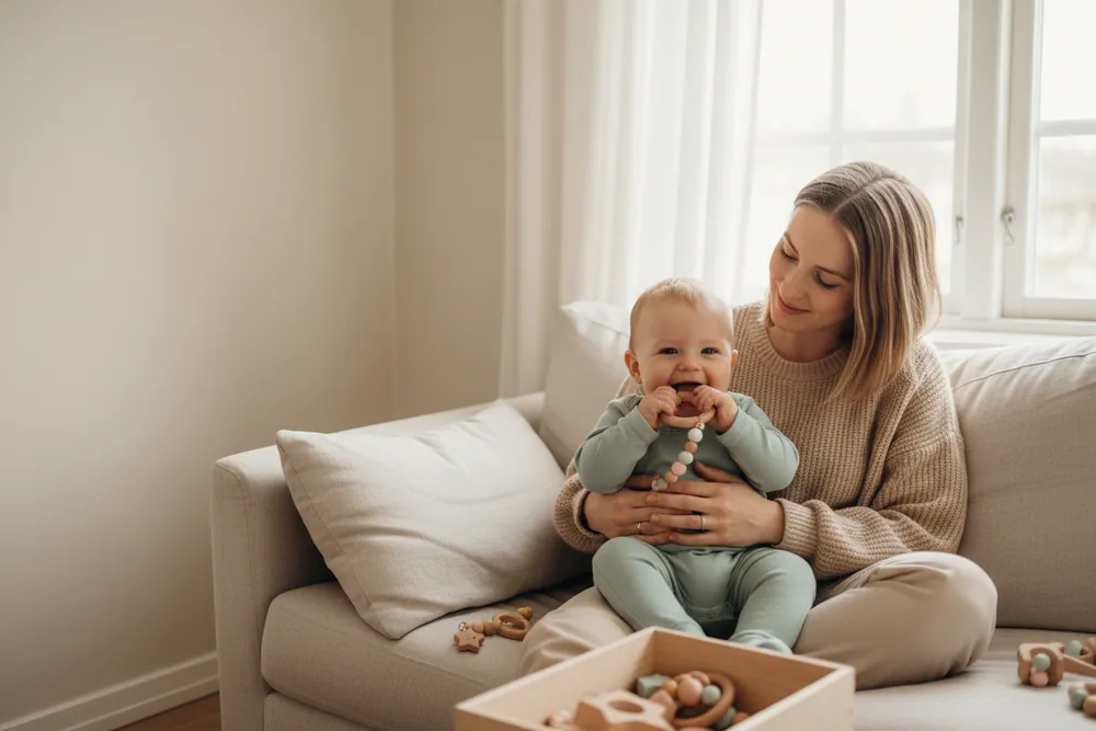 Young mother smiling at her baby chewing on a wooden teething ring