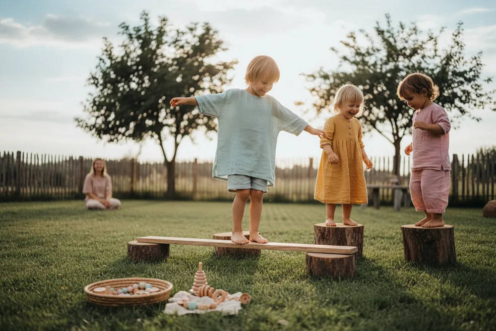 Children balancing on wooden beams and tree stumps in a sunny kindergarten garden