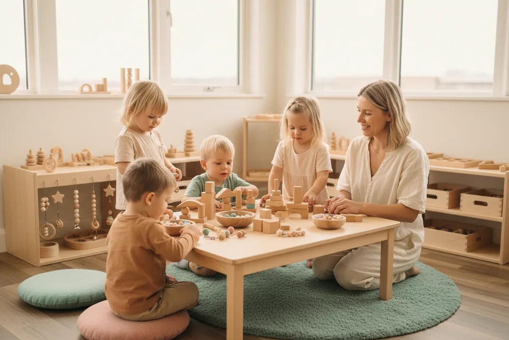 Four children play with wooden blocks and beads while an educator kneels nearby