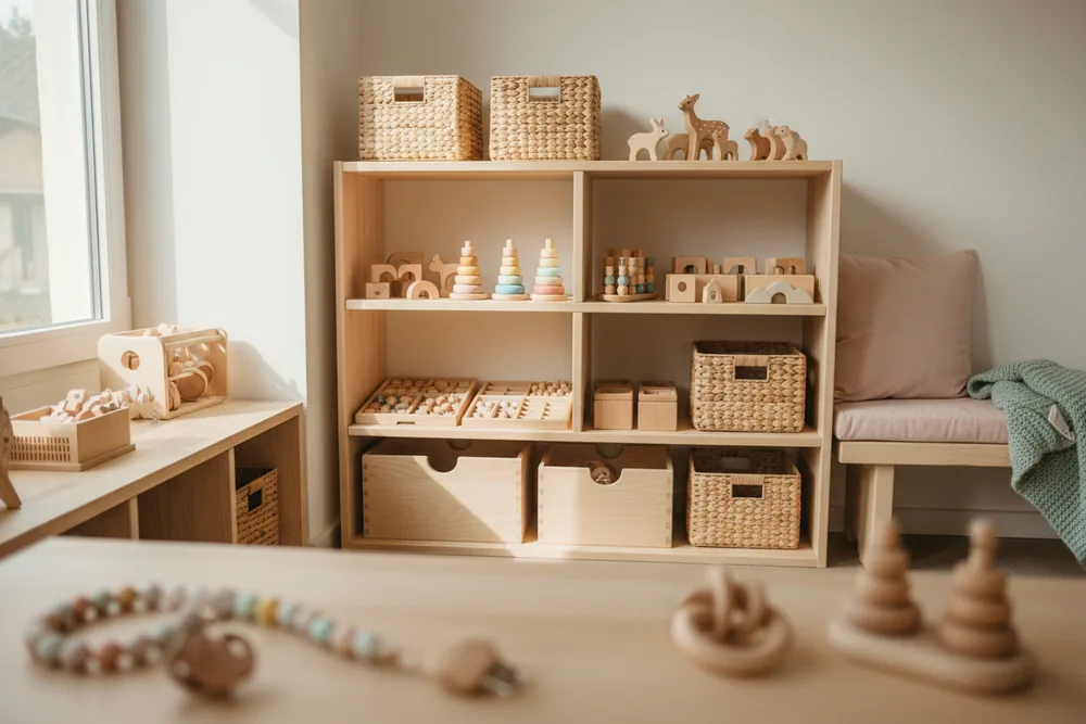 Bright natural-wood kindergarten shelf with neatly sorted wooden toys, baskets and boxes