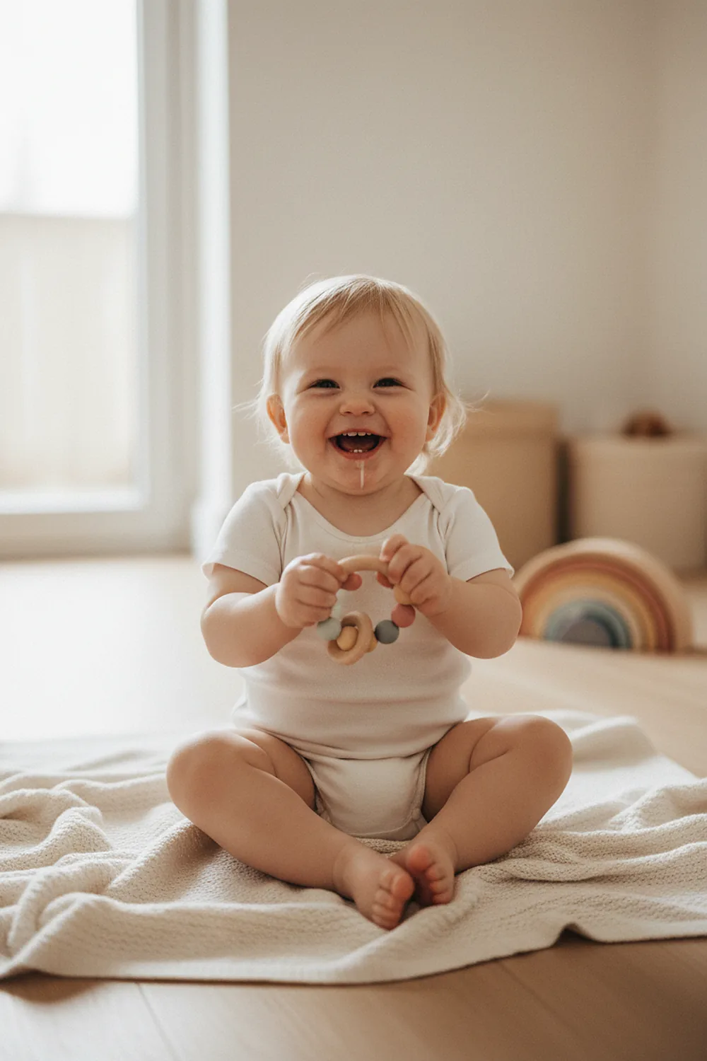Laughing toddler sitting on a blanket shaking a wooden teething rattle