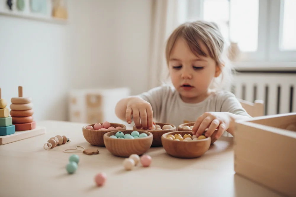 Young child concentrating on sorting wooden beads by color into small wooden bowls