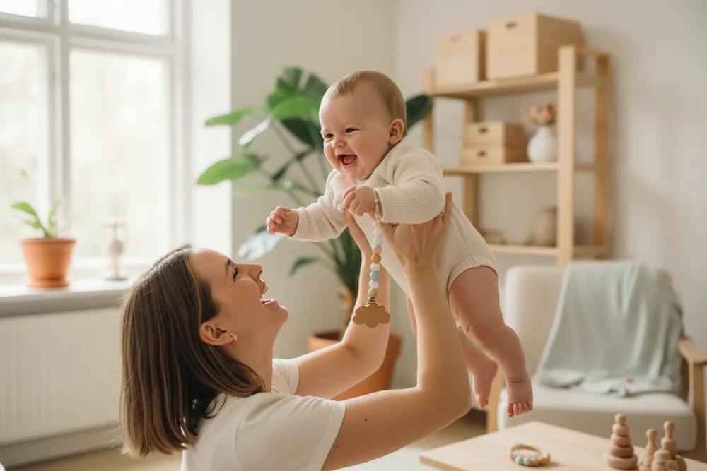 Laughing mother lifting her giggling baby up, a pacifier chain clipped to its bodysuit
