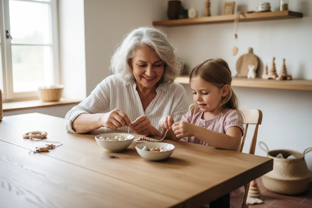Grandmother and granddaughter threading a colorful bead necklace together at the kitchen table