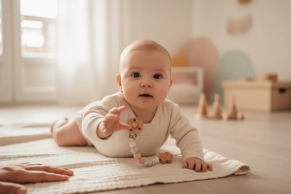 Awake baby on a blanket reaching for a wooden pacifier chain with pastel beads