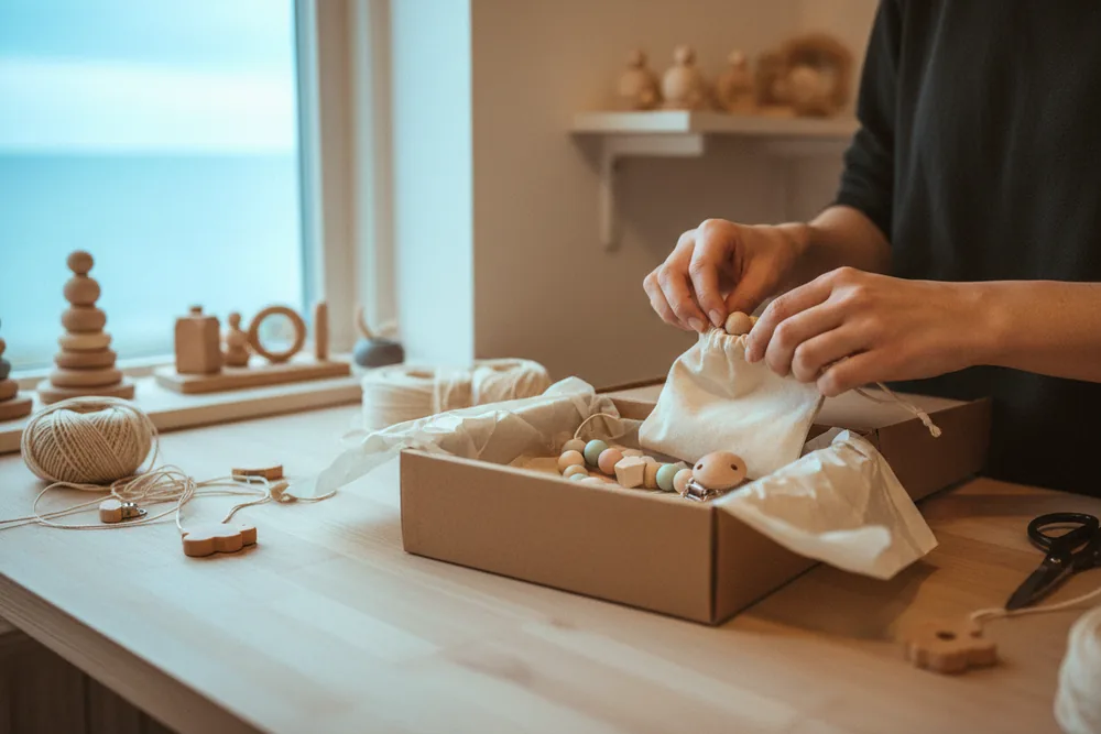 Hands pack wooden beads and a pacifier chain into a kraft paper box