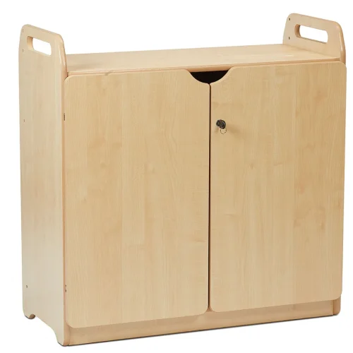 Lockable storage cabinet with display case and mirrored back wall — Millhouse School Learning Toys