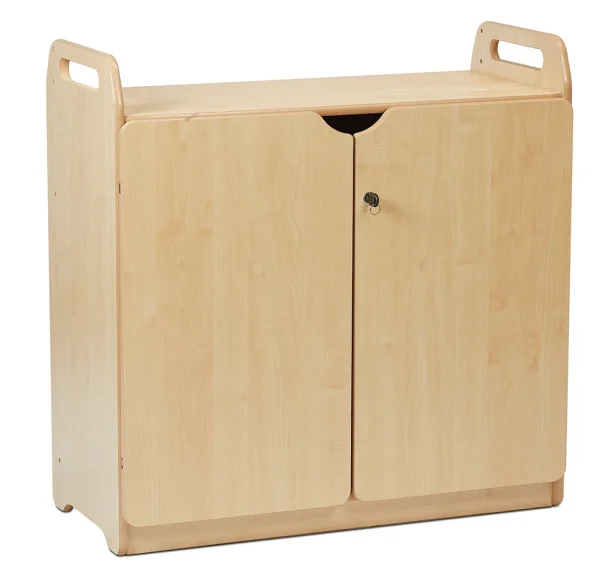 Lockable storage cabinet with display case and mirrored back wall — Millhouse School Learning Toys