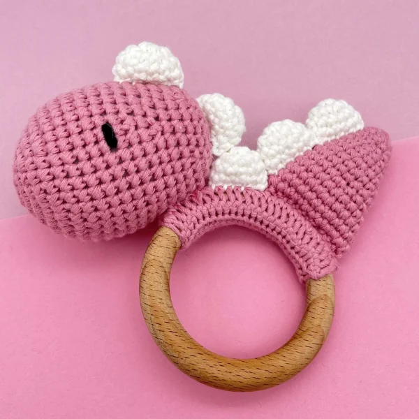 Baby Rattle Dinosaur with Teething Ring • Pink — Kiki-Ena Craft Materials Natural Wood