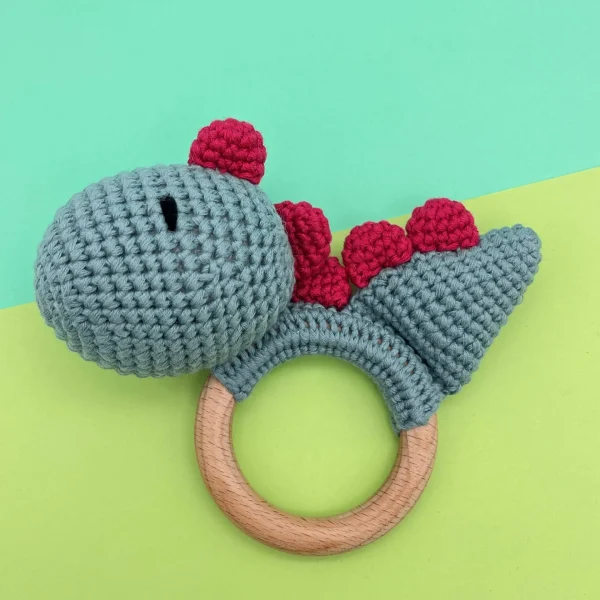 Baby Rattle Dinosaur with Teething Ring • Turquoise — Kiki-Ena Craft Materials Natural Wood