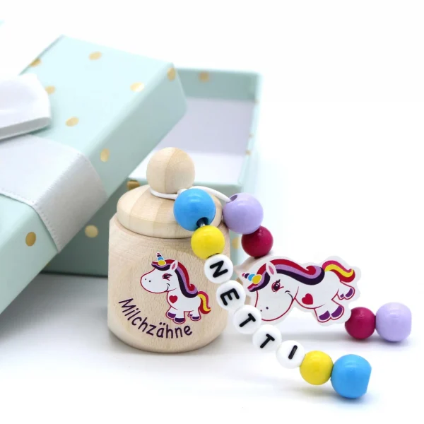 Craft Set Unicorn Pink Baby Tooth Box with Name — Kiki-Ena Craft Materials Natural Wood
