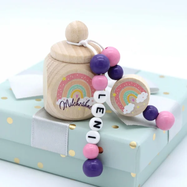 Craft Set Pink Rainbow Baby Tooth Box with Name — Kiki-Ena Craft Materials Natural Wood