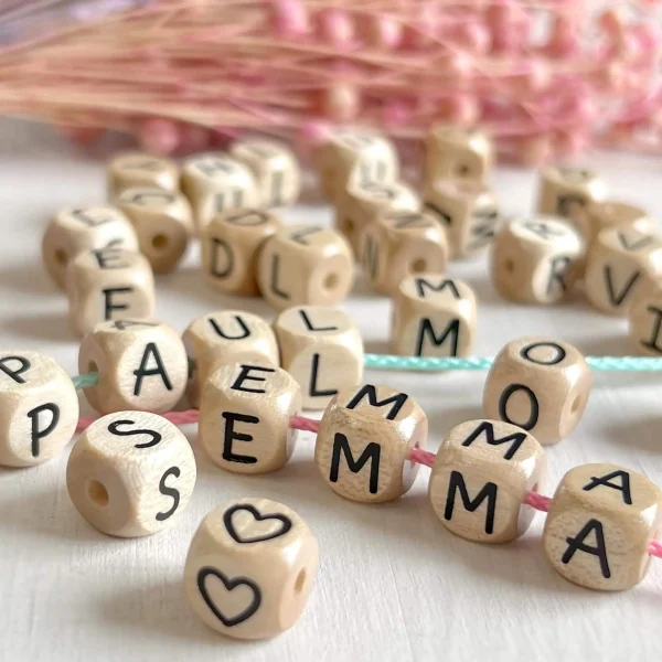 Embossed wooden letter beads and cubes 10mm — Kiki-Ena natural wood craft supplies