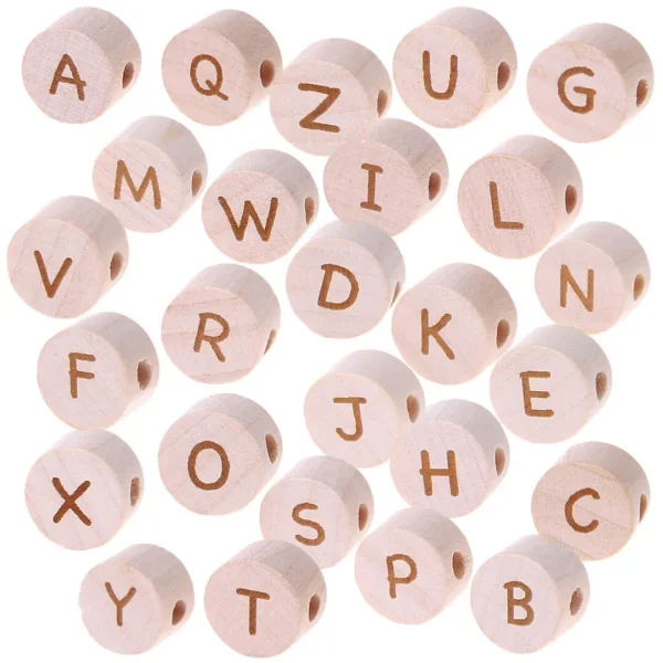 Laser-engraved letter bead disc Ø 11mm — Kiki-Ena natural wood craft materials