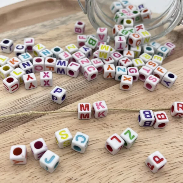 Letter Cubes Mix Plastic • 7mm • White & Multicoloured • 25g — Kiki-Ena Craft Materials Natural Wood