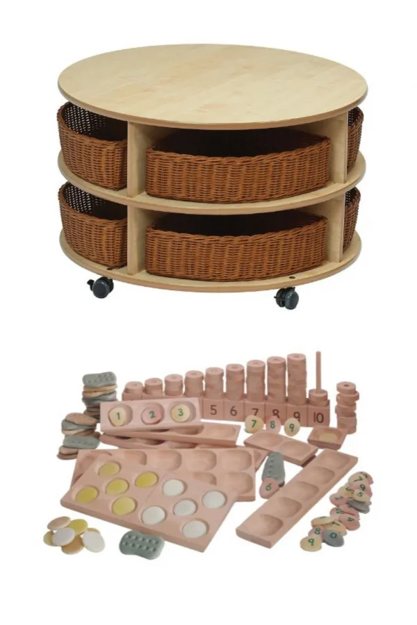 Double-Tier Mobile Circular Storage Unit with Baskets & Indoor Maths Set — Millhouse Learning Toys School