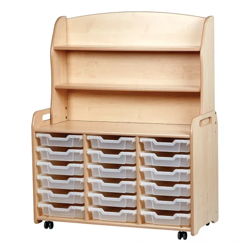 Three-section shelf cabinet with 18 shallow storage boxes and practical display top — Millhouse Educational Play School