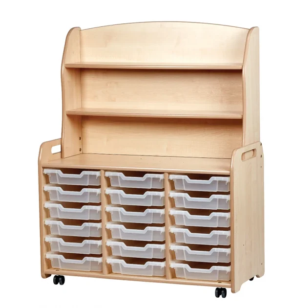 Three-section shelf cabinet with 18 shallow storage boxes and practical display top — Millhouse Educational Play School