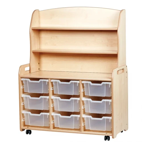 Three-section shelf cabinet with 9 deep storage boxes and display top — Millhouse Educational Play School