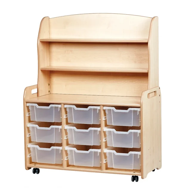 Three-section shelf cabinet with 9 deep storage boxes and display top — Millhouse Educational Play School