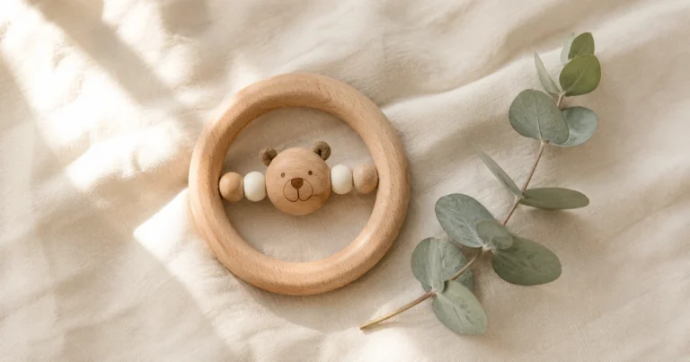 Finished bear teether with wooden ring and crocheted bear on soft linen.