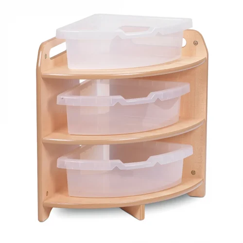 Tall 90° Corner Shelf with 3 Clear Trays — Millhouse Learning Toys School