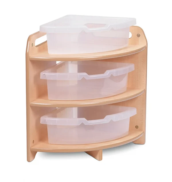 Tall 90° Corner Shelf with 3 Clear Trays — Millhouse Learning Toys School