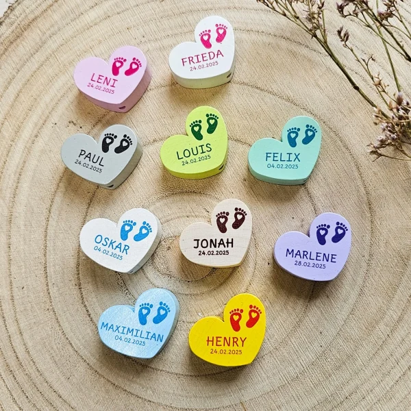 Wooden Bead Heart Personalised: Baby Feet + Name + Birthday — Kiki-Ena Craft Materials Natural Wood