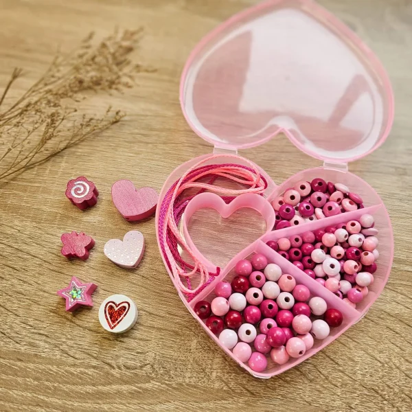 Wooden Beads Mix Heart Box 'Pink' — Kiki-Ena Craft Materials Natural Wood