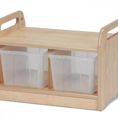 Compact low-level storage bench with 2 containers — Millhouse Educational Play School