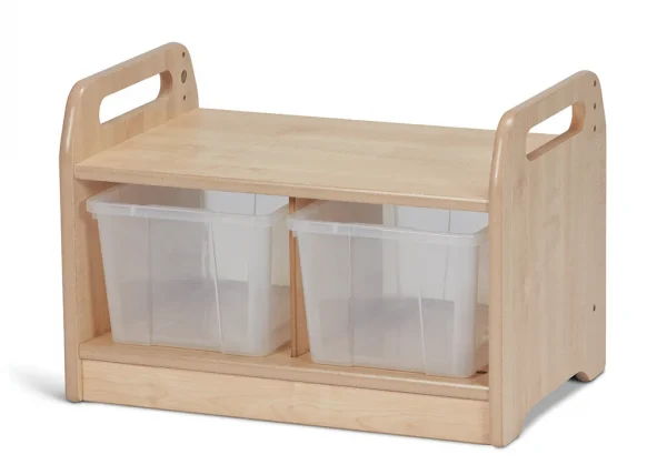 Compact low-level storage bench with 2 containers — Millhouse Educational Play School