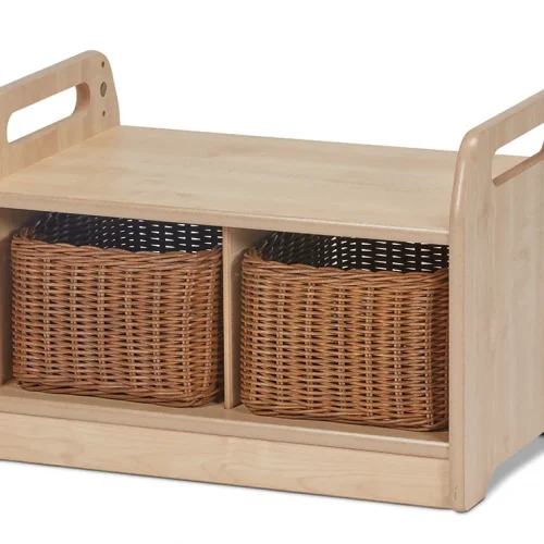 Compact low-level storage bench with 2 baskets — Millhouse Educational Play School