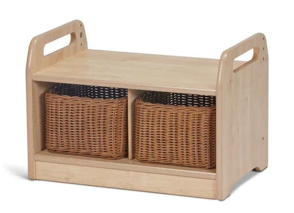 Compact low-level storage bench with 2 baskets — Millhouse Educational Play School