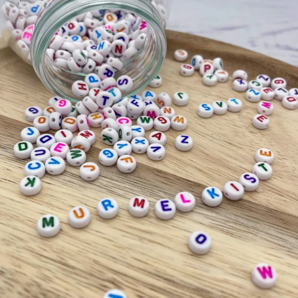 Letter Beads Mix Plastic • Ø7mm • White & Multicoloured • 25g — Kiki-Ena Craft Materials Natural Wood