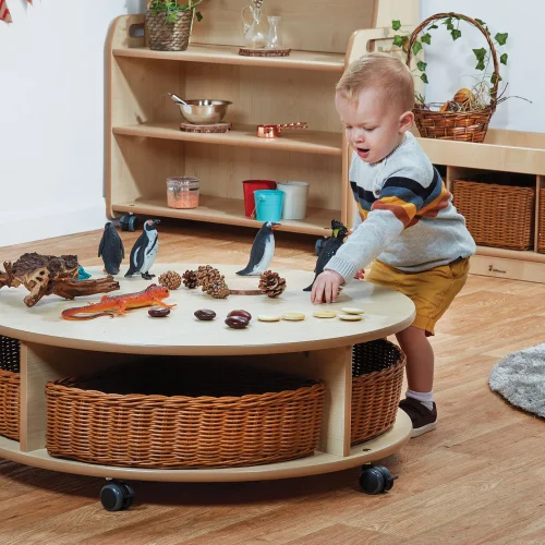 Mobile round shelving unit – single tier with 4 baskets — Millhouse learning toy school