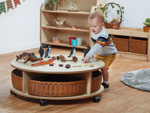 Mobile round shelving unit – single tier with 4 baskets — Millhouse learning toy school