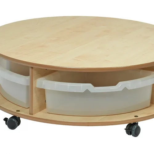 Mobile round shelving unit – single tier with 4 transparent boxes — Millhouse learning toy school
