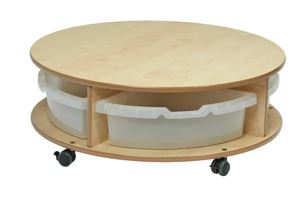 Mobile round shelving unit – single tier with 4 transparent boxes — Millhouse learning toy school