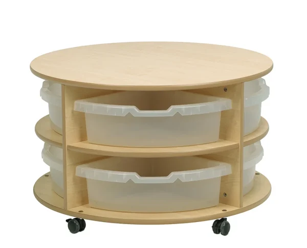 Mobile Circular Shelving Unit – Two-Tier with 8 Transparent Boxes — Millhouse Learning Toys School