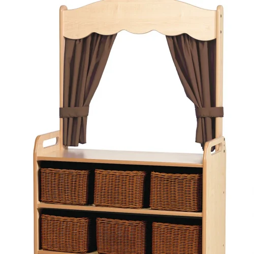 Mobile Theatre Shelving with Curtain and 6 Storage Baskets in Taupe — Millhouse Learning Toys School