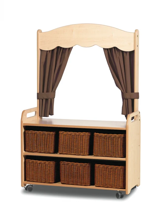 Mobile Theatre Shelving with Curtain and 6 Storage Baskets in Taupe — Millhouse Learning Toys School