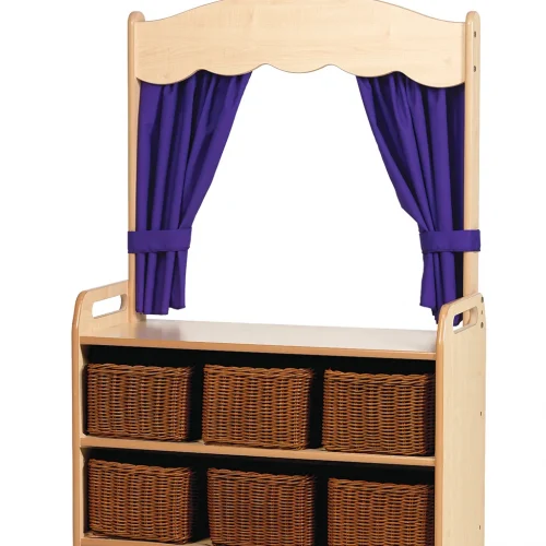 Mobile Theatre Shelving with Curtain and 6 Storage Baskets in Purple — Millhouse Learning Toys School
