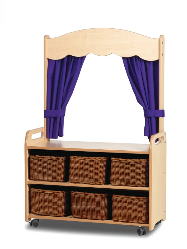 Mobile Theatre Shelving with Curtain and 6 Storage Baskets in Purple — Millhouse Learning Toys School
