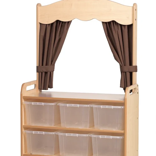 Mobile Theatre Shelving with Curtain and 6 Transparent Storage Boxes in Taupe — Millhouse Learning Toys School