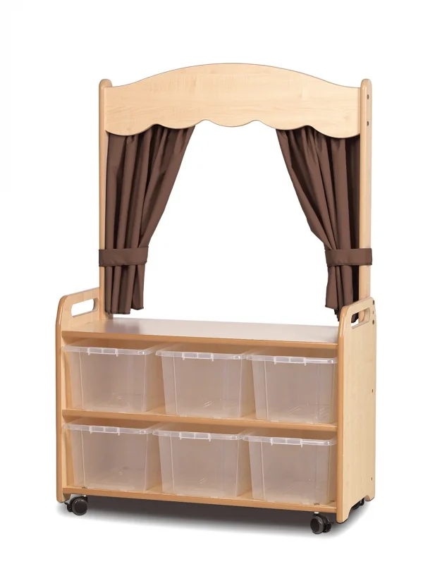 Mobile Theatre Shelving with Curtain and 6 Transparent Storage Boxes in Taupe — Millhouse Learning Toys School