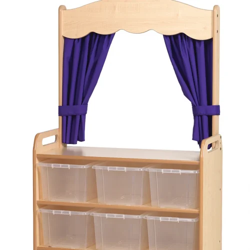 Mobile Theatre Shelving with Curtain and 6 Transparent Storage Boxes — Millhouse Learning Toys School