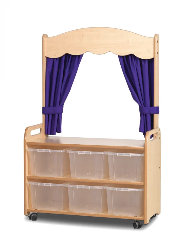 Mobile Theatre Shelving with Curtain and 6 Transparent Storage Boxes — Millhouse Learning Toys School